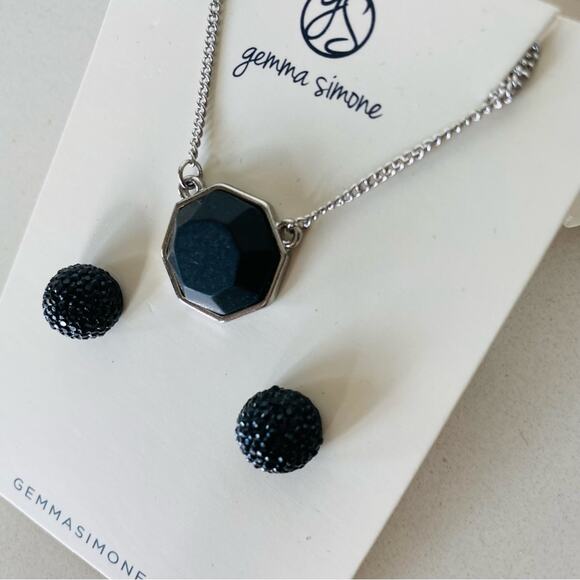 NEW GEMMA SIMONE Silver Black Pendant Necklace Stud Post Earrings Jewelry Set - Picture 3 of 6
